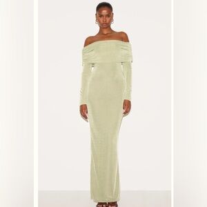 PrettyLittleThing Olive Green Off-Shoulder Maxi Dress